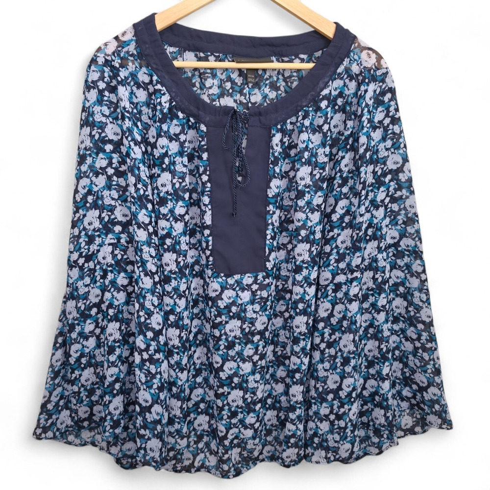 Lane Bryant Top Womens Plus 22/24 Blue Sheer Neck Tie Blouse 3/4 Sleeve Casual